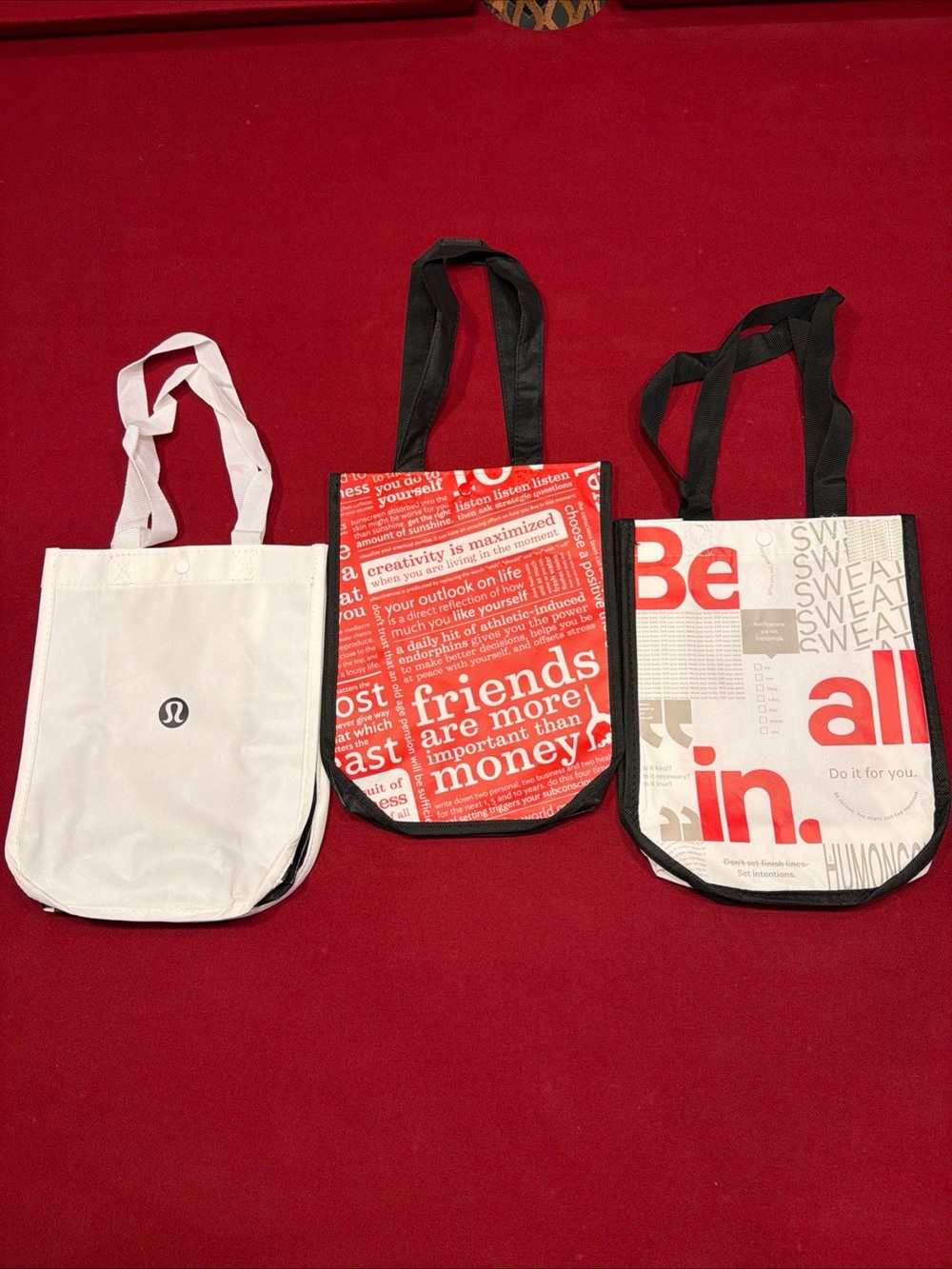 Lululemon 3 Small Reusable Shopping Tote Bags Black White Red